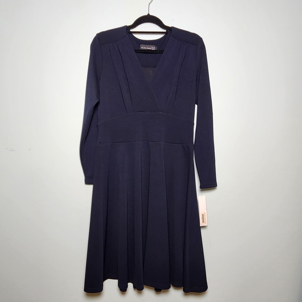 Mes Amies Boutique Navy Blue Long Sleeve Chiffon Midi Dress Size 10 NWT